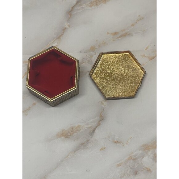 VTG Schmid Bros Japan Octagon Metal Trinket Box Red Velvet Lined Gold Tone - Picture 3 of 7